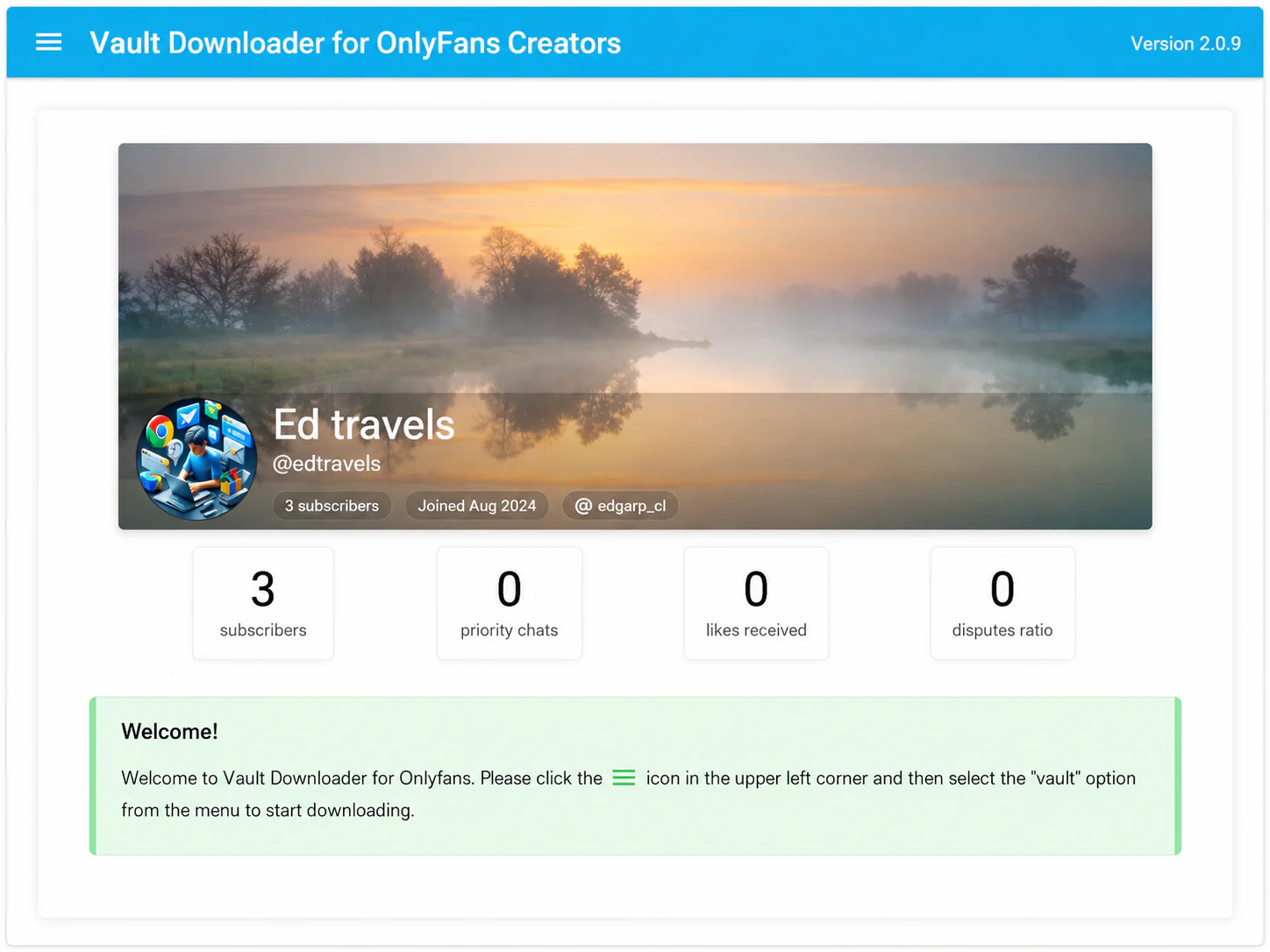 Vault Downloader creator overview and account statistics